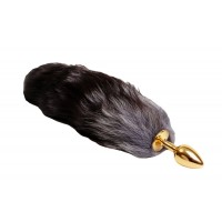 Золотистая анальная пробка с чёрным лисьим хвостом