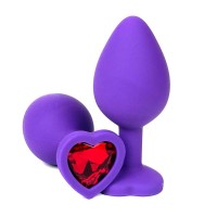 Фиолетовая силиконовая анальная пробка с красным стразом-сердцем - 8,5 см.