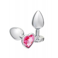 Серебристая анальная пробка с розовым кристаллом в форме сердца - 7 см.