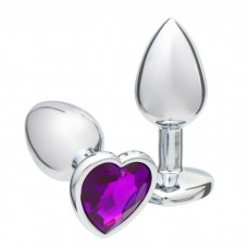Серебристая анальная пробка с фиолетовым кристаллом в форме сердца - 7 см.
