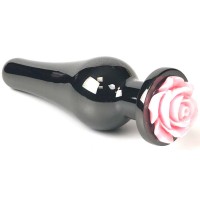 Черная удлиненная анальная пробка с розовой розой - 12,5 см.
