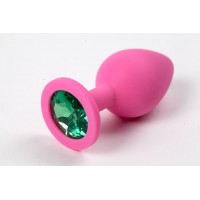 Розовая силиконовая анальная пробка с зеленым стразом - 8,2 см.