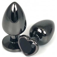 Черная металлическая анальная пробка с черным стразом-сердечком - 6,5 см.