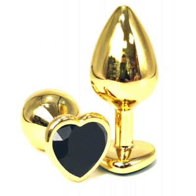 Золотистая анальная пробка с черным кристаллом-сердцем - 6 см.