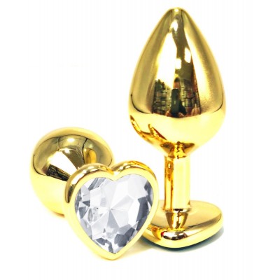 Золотистая анальная пробка с прозрачным кристаллом-сердцем - 7 см.
