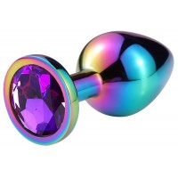 Разноцветная гладкая анальная пробка с фиолетовым кристаллом - 6,8 см. 