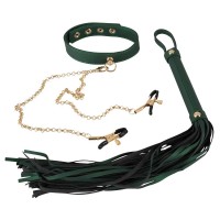 Зелёный комплект Fetish Set: ошейник, цепи с зажимами, плеть