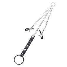 Серебристо-чёрные зажимы для сосков с кольцом для пениса TOYFA Metal Серебристо-чёрные зажимы для сосков с кольцом для пениса TOYFA Metal